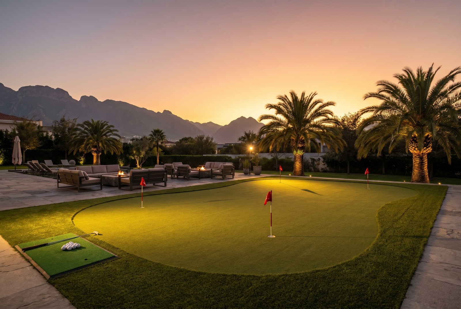 Caso real putting green Estate 126 m² con bunker instalado en villa Palmilla Los Cabos vista mar atardecer