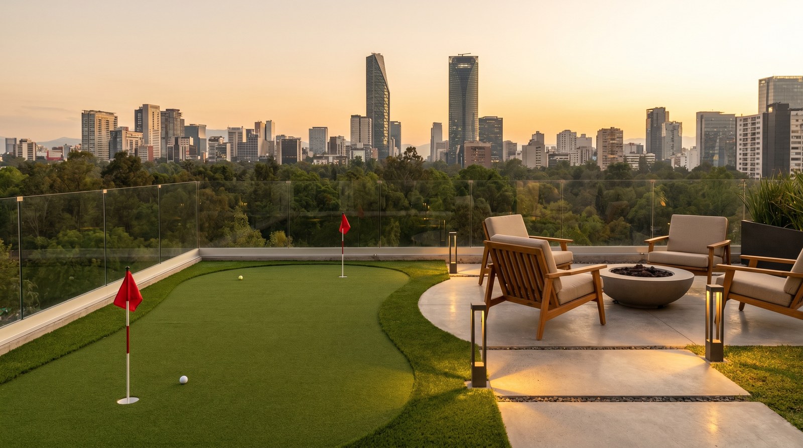 Putting green en rooftop de penthouse al atardecer con vista panorámica de CDMX
